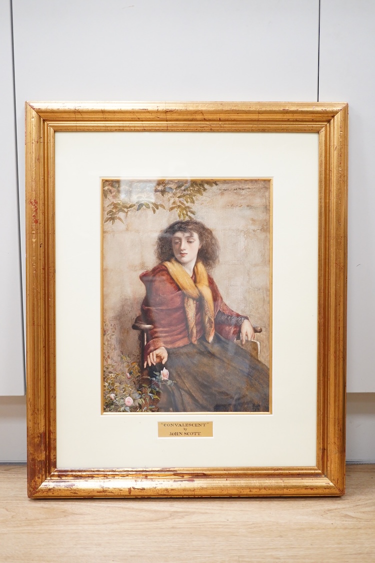 John Scott RI ROI RBA (1850-1918), 'Convalescent', signed and dated 1876, Pre-Raphaelite watercolour, 38 x 27cm